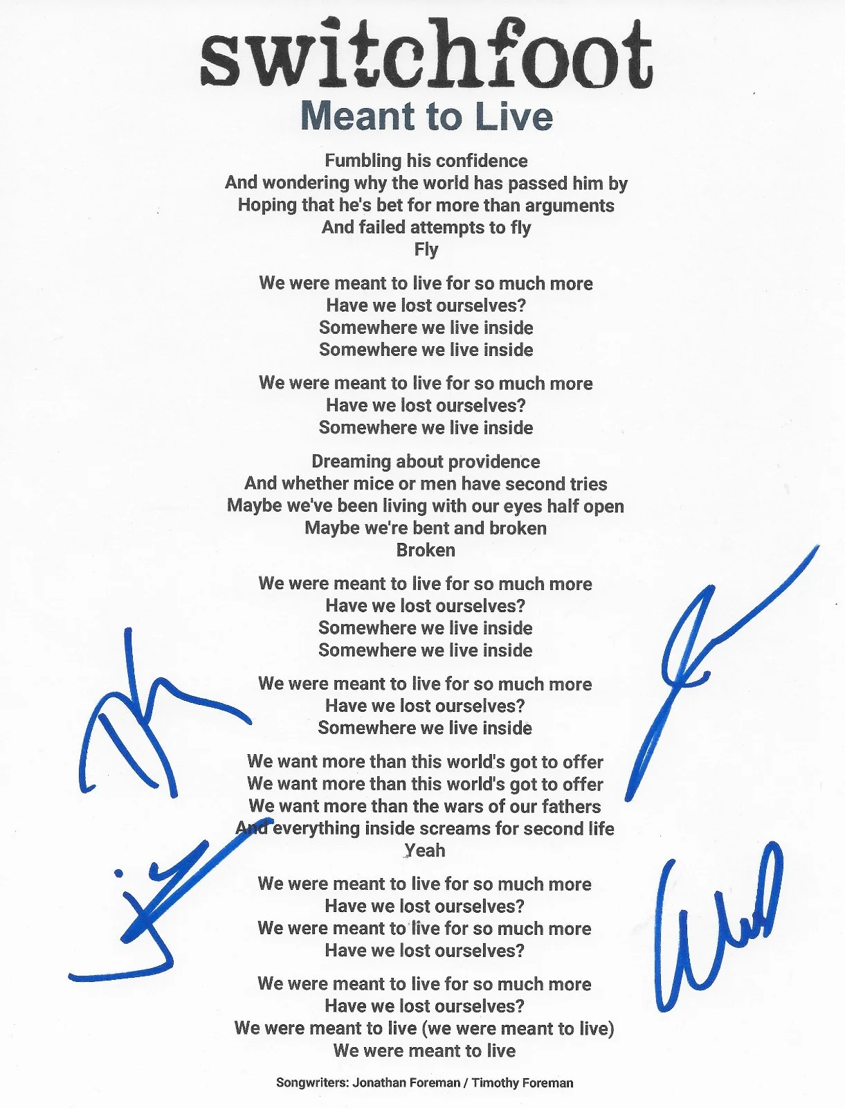 Switchfoot Band Signed Meant To Live Lyrics Sheet COA Proof Autographed, image 2