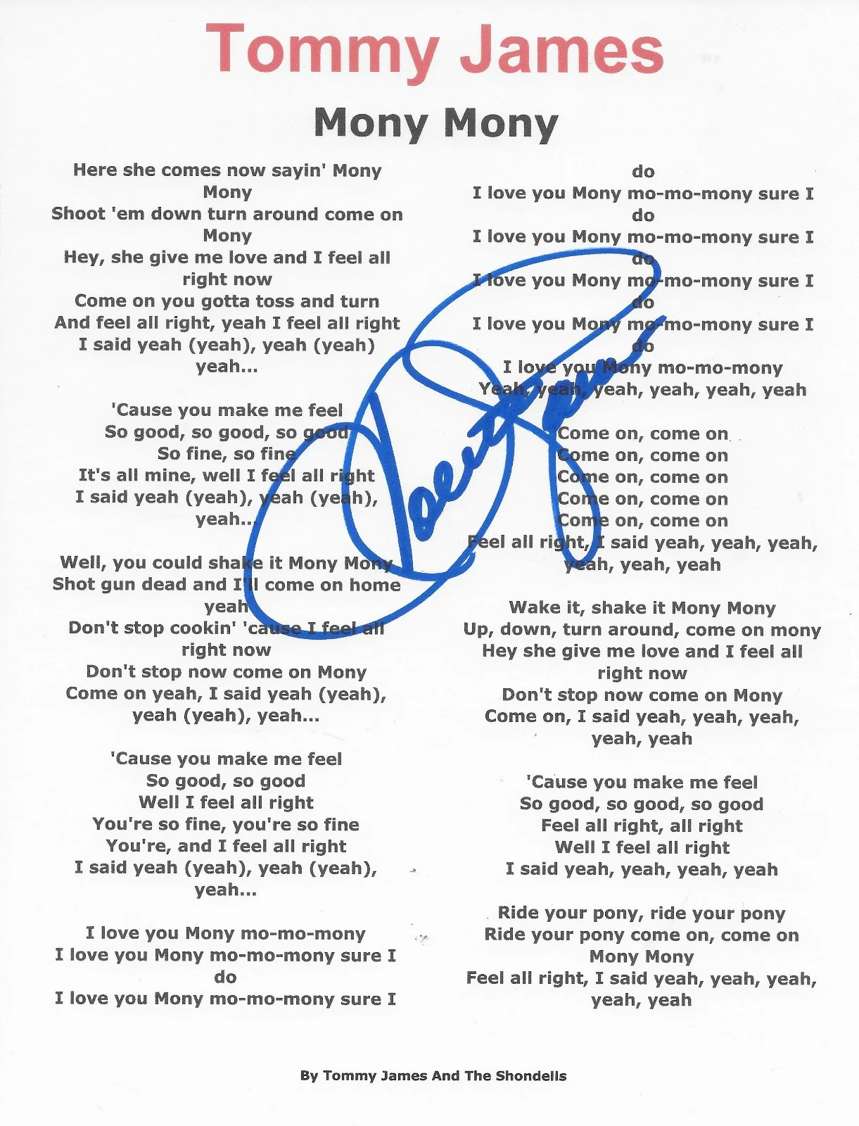 Tommy James Signed Mony Mony Lyrics Sheet COA Exact Proof Autographed, image 2