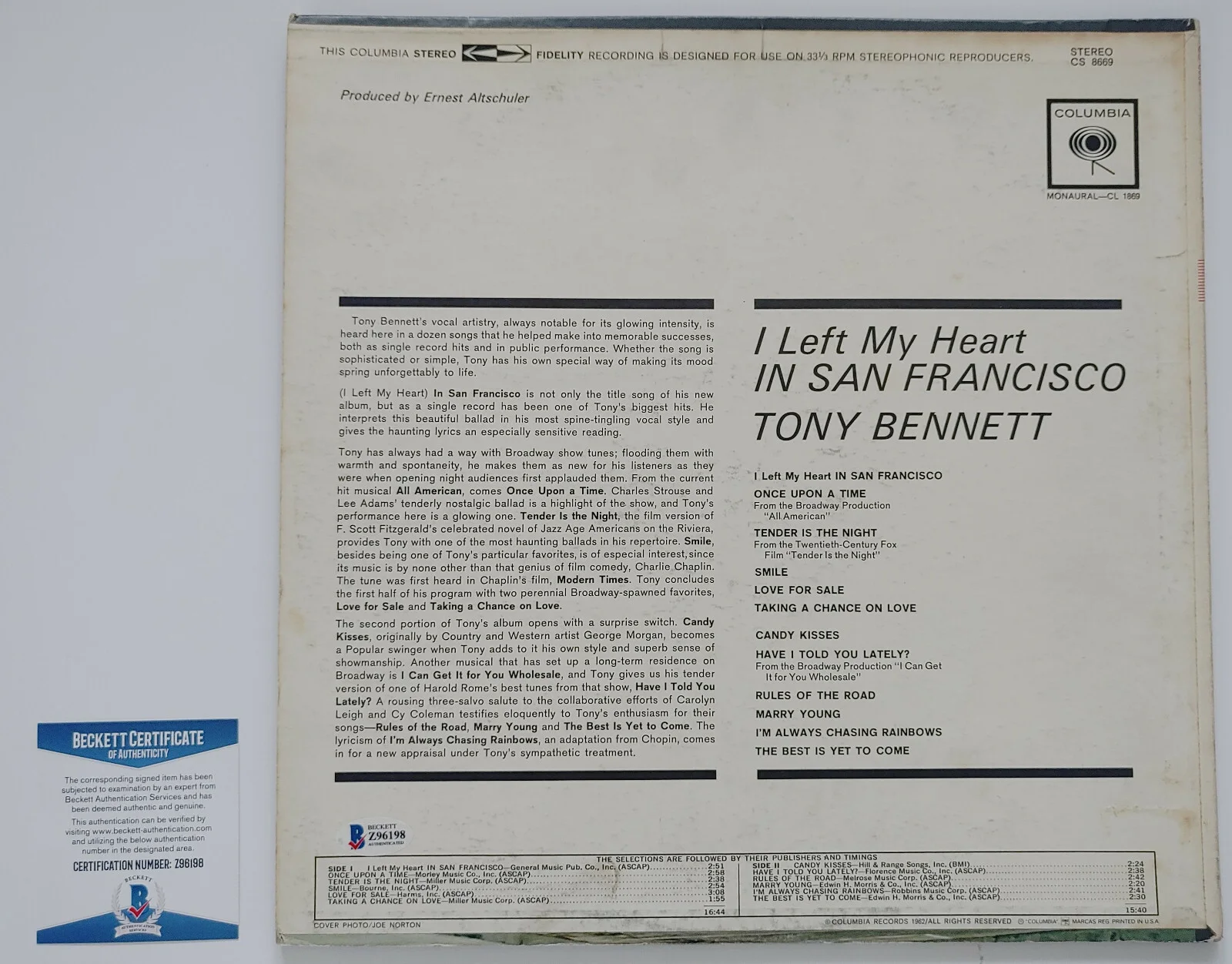 Tony Bennett signed I left my heart in SF album vinyl record proof Beckett COA, изображение 4