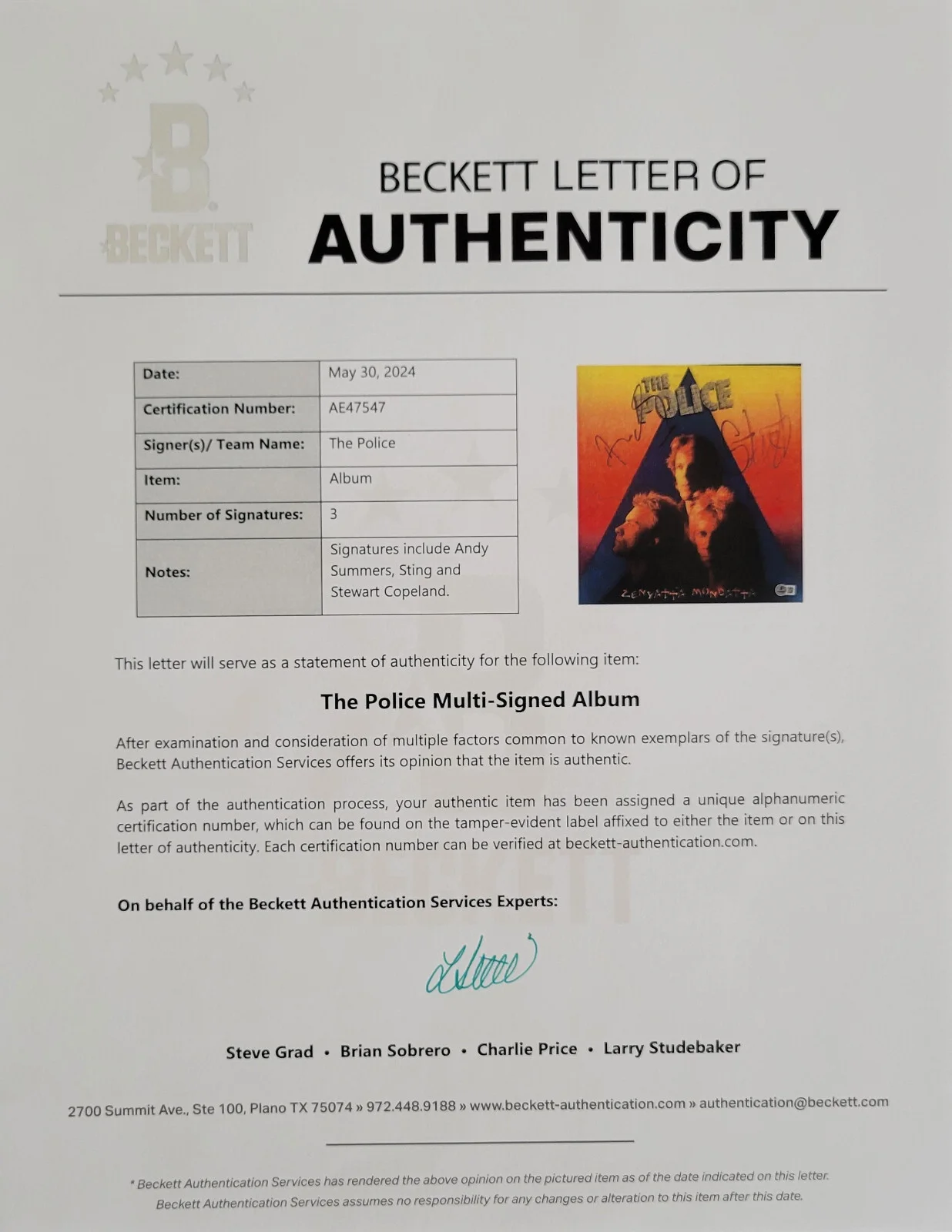 The Police Signed Zenyatta Mondatta Album Beckett COA Autographed Vinyl Record, изображение 3