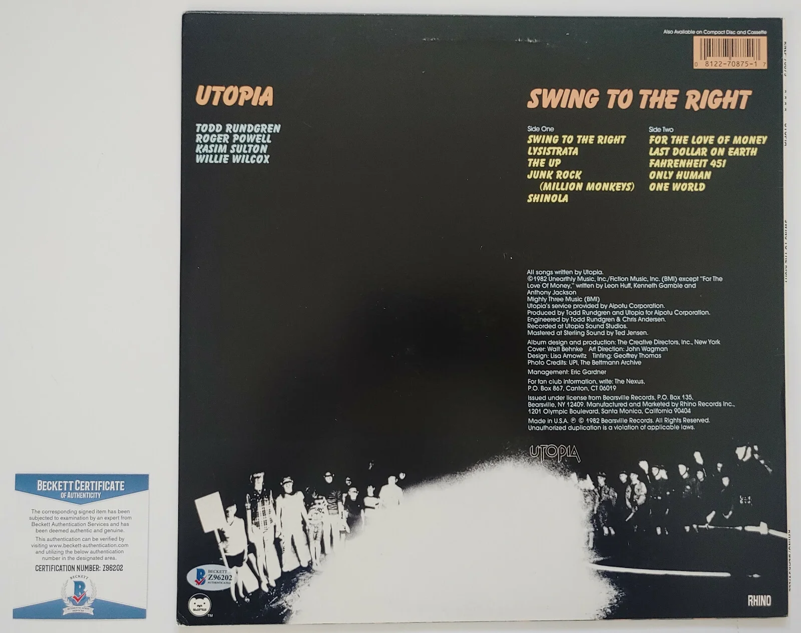 Todd Rundgren signed Utopia Swing to the Right album vinyl COA proof Beckett BAS, image 4