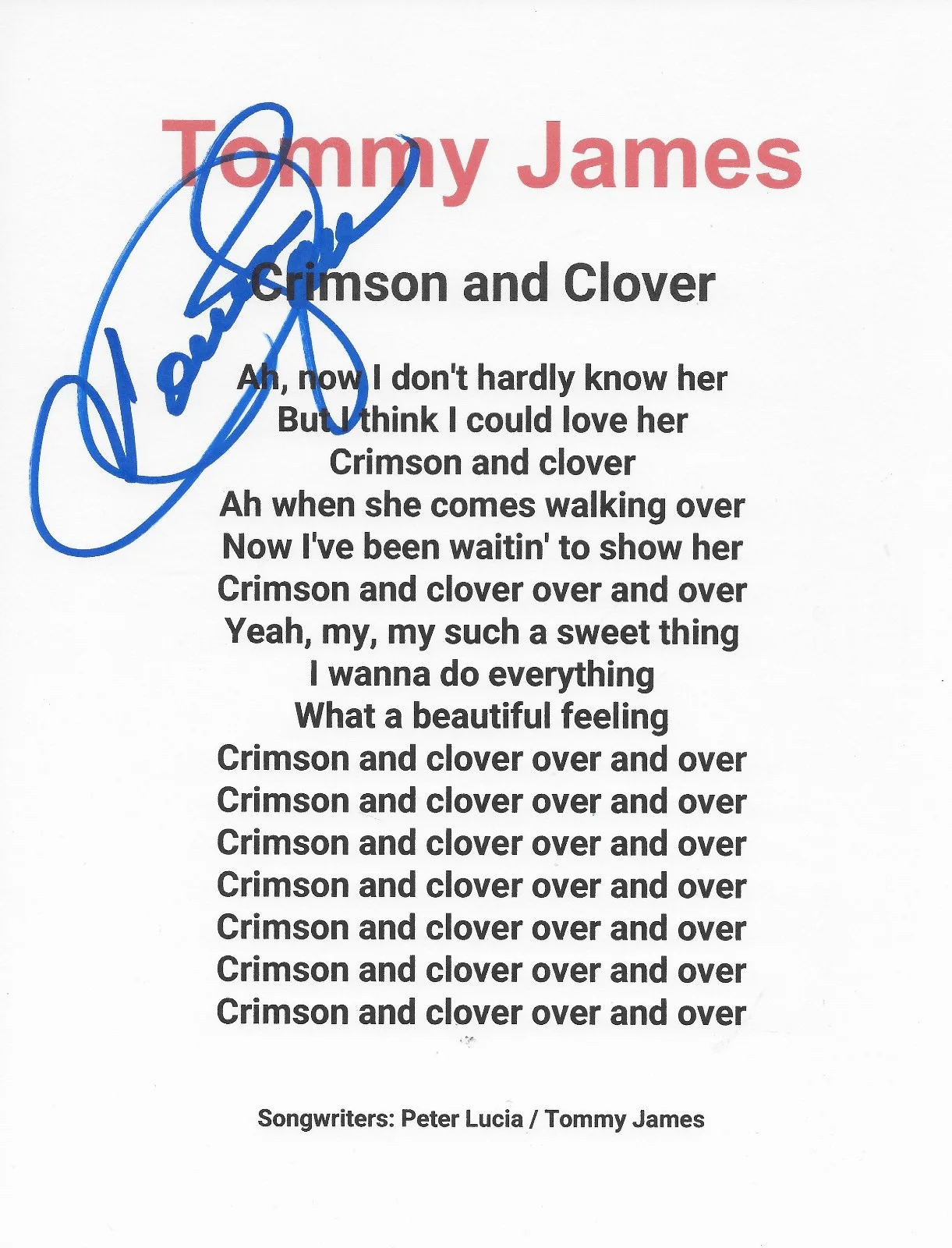 Tommy James Signed Crimson and Cover Lyrics Sheet COA Exact Proof Autographed, image 2