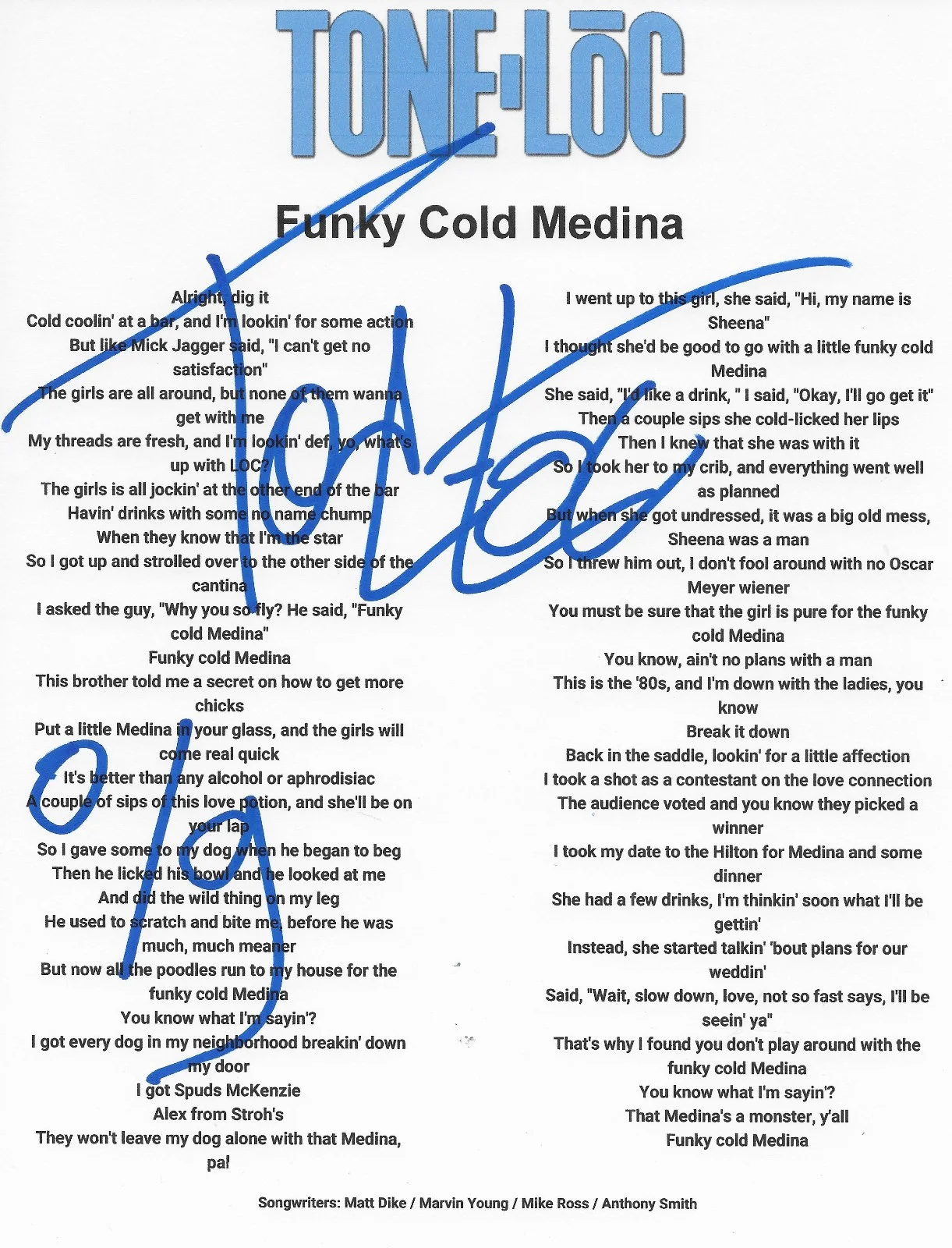 Tone Loc Signed Funky Cold Medina Lyrics Sheet COA Exact Proof Autographed, image 2