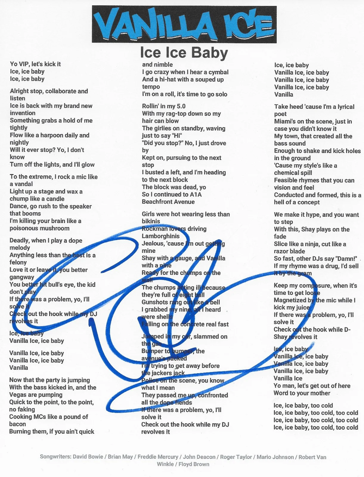 Vanilla Ice Signed Ice Ice Baby Lyrics Sheet COA Exact Proof Autographed, image 2