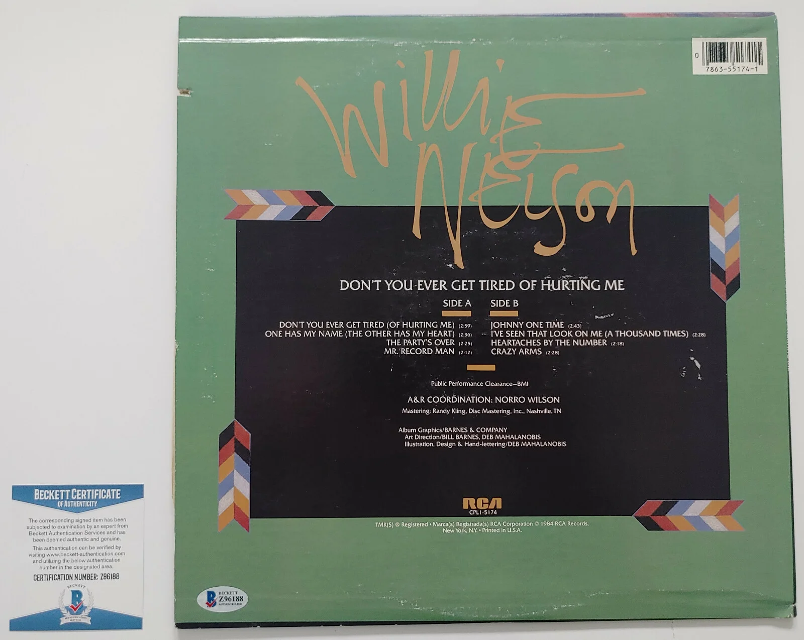Willie Nelson autographed album vinyl record COA with exact Proof Beckett BAS, изображение 4