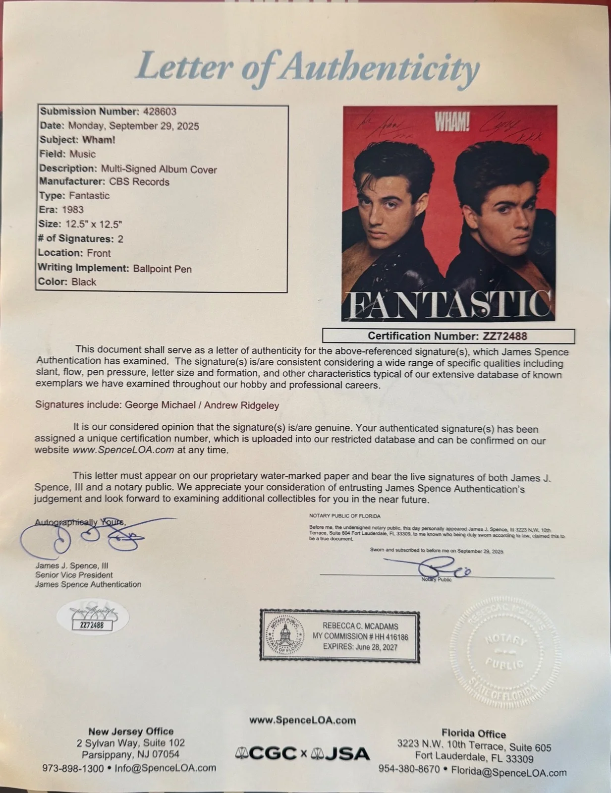 Wham! : signed Fantastic autographed Lp vinyl LOA JSA George Michael + Andew, изображение 3