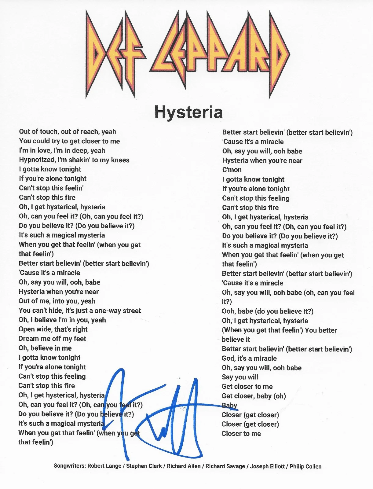Joe Elliott Signed Def Leppard Hysteria Lyrics Sheet COA Proof Autographed, изображение 2