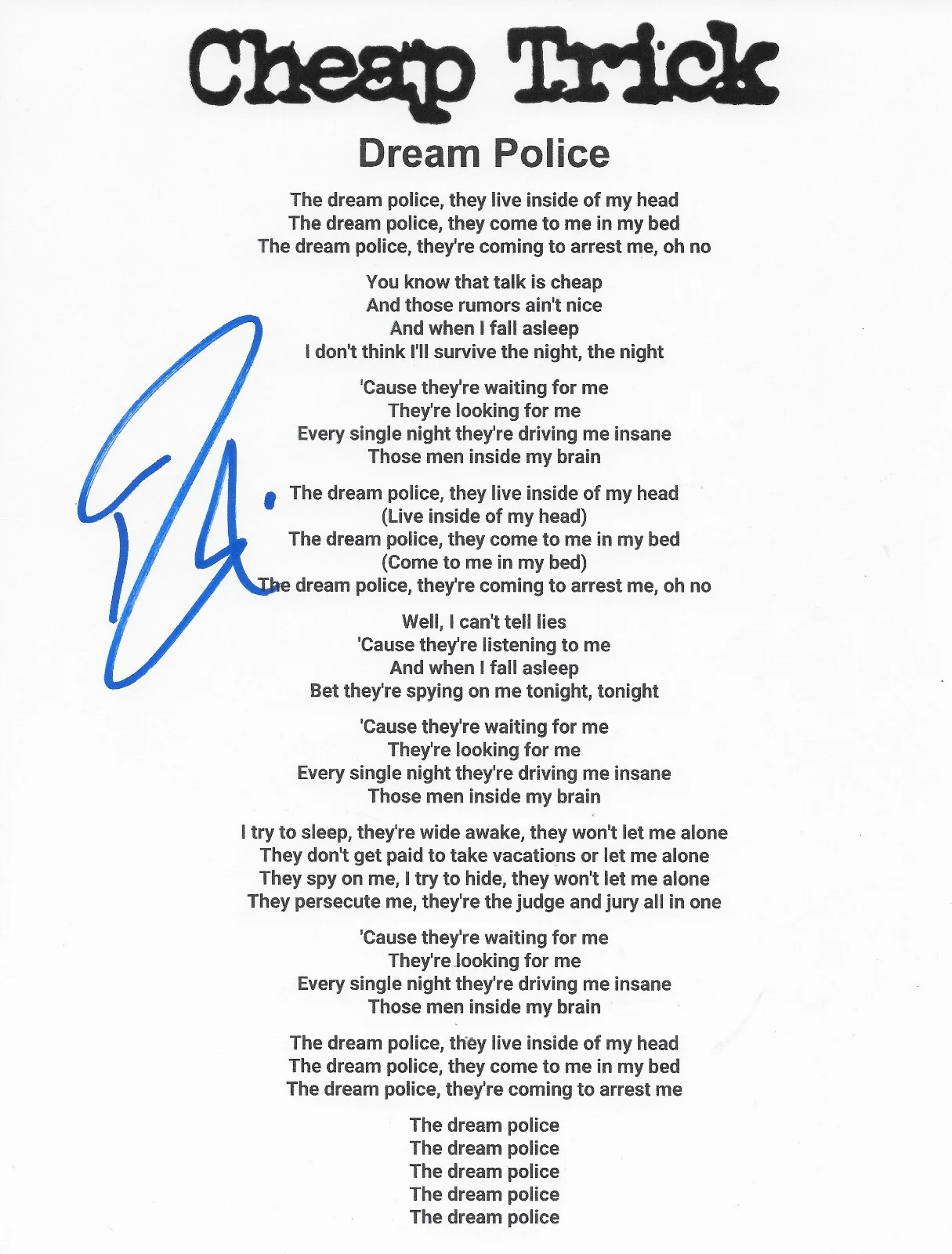 Robin Zander signed Cheap Trick Dream Police Lyrics sheet COA Proof autographed, изображение 2