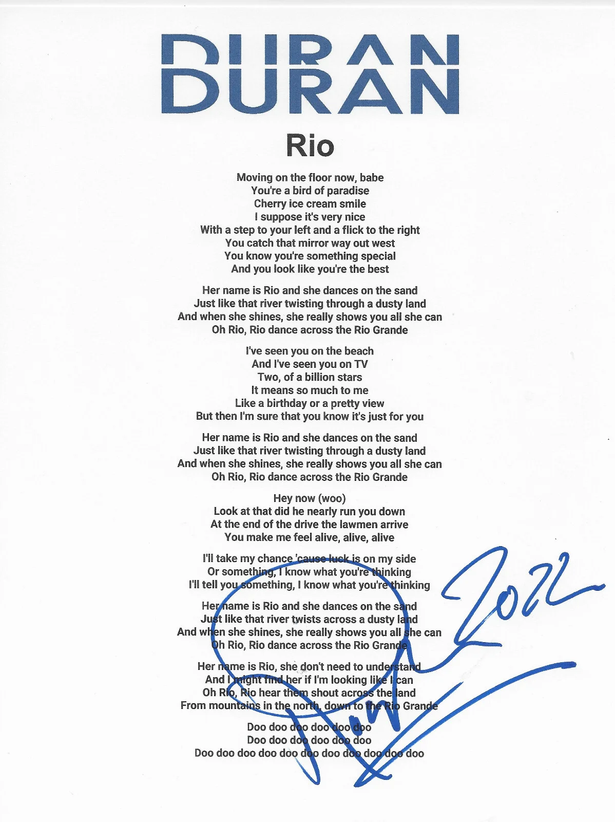 Roger Taylor Duran Duran Drummer signed Rio Lyrics sheet COA Proof autographed, изображение 2