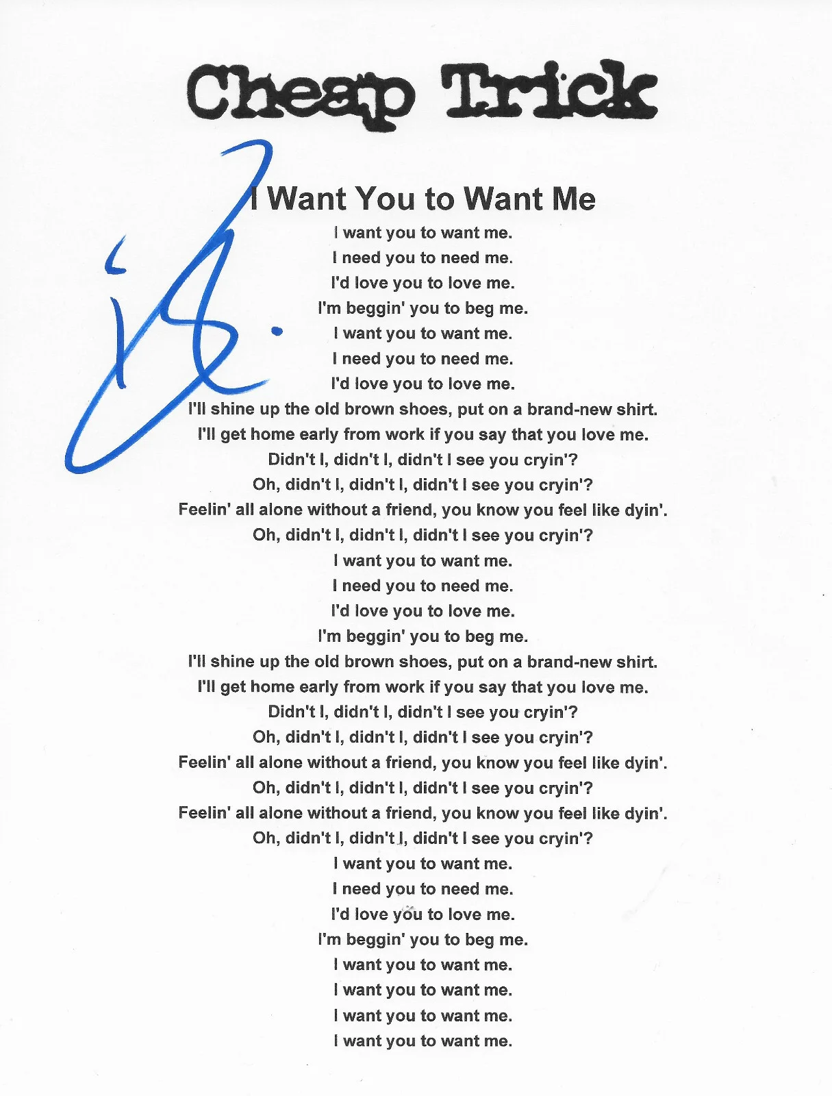 Robin Zander signed Cheap Trick I Want You To Want Me Lyrics sheet COA Proof, image 2