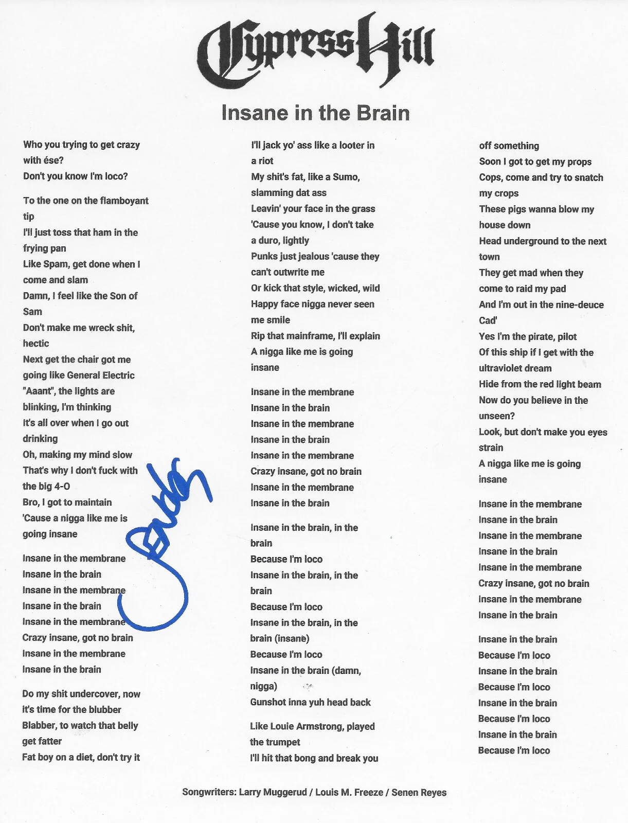 Sen Dog Signed Cypress Hill Insane in the Brain Lyrics Sheet COA Proof Autograph, image 2