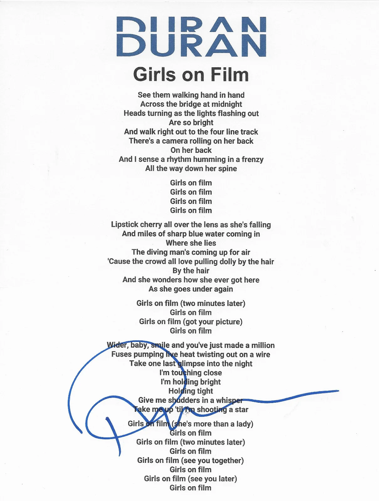 Roger Taylor signed Duran Duran Girls on Film Lyrics sheet COA Proof autographed, изображение 2