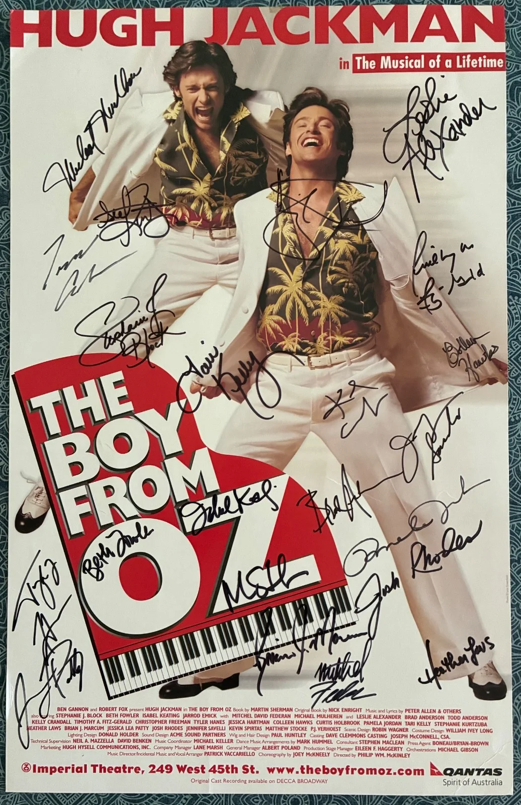 Hugh Jackman and entire cast — HUGH JACKMAN Signed Cast Broadway THE BOY FROM OZ Poster Window Card + Bonus WC