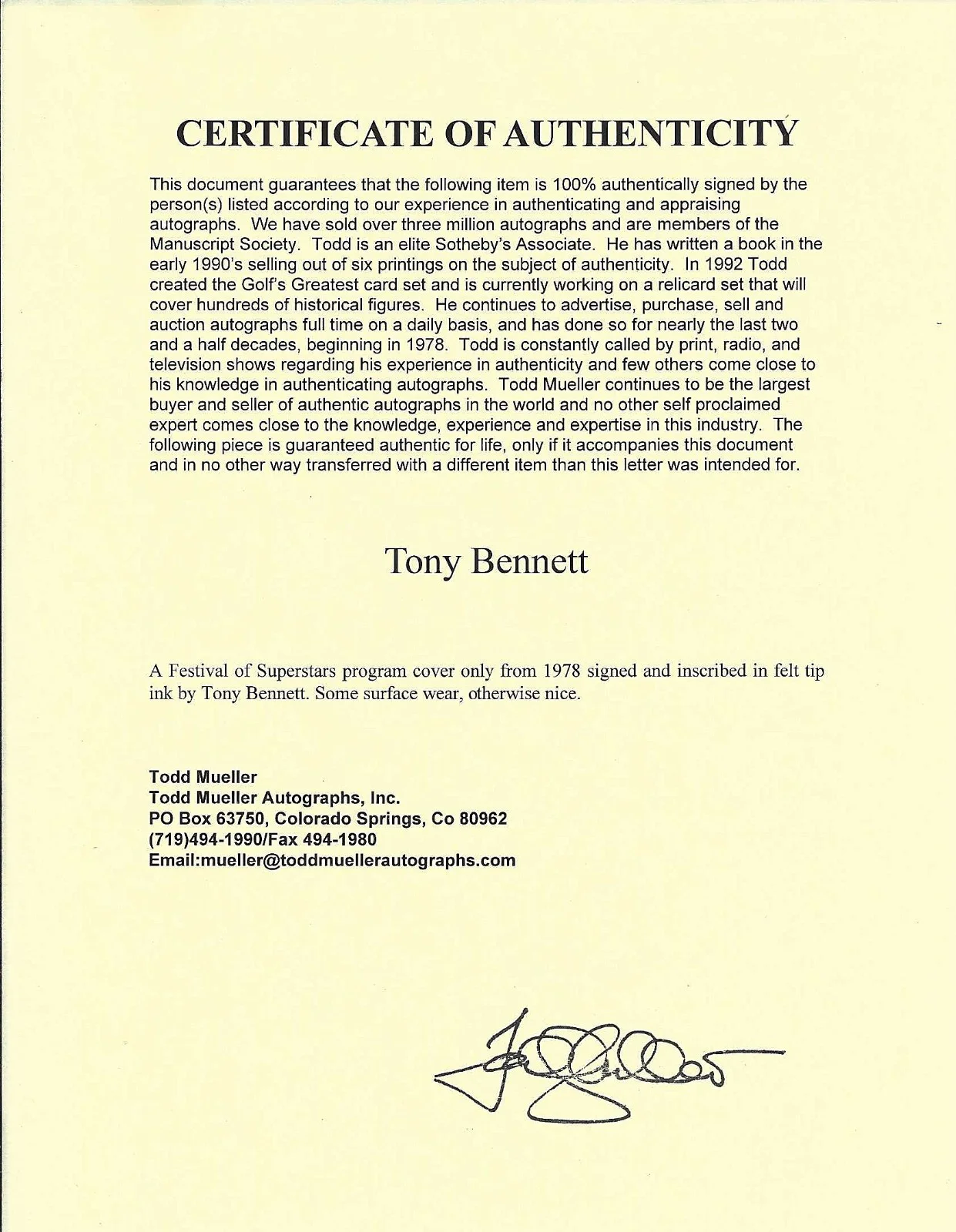TONY BENNETT — TONY BENNETT HAND SIGNED 5-1/2 X 9 PROGRAMS GUIDE COVER PAGE 1978, image 4