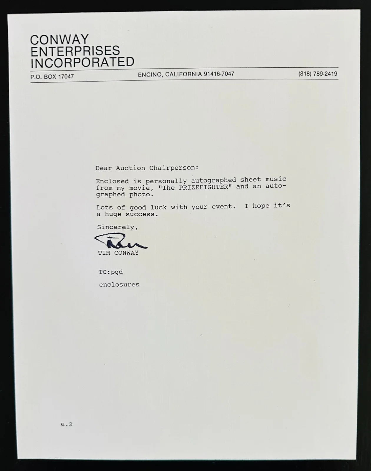 Tim Conway — Tim Conway Signed Photo + “The Prize Fighter” Music Sheet Letter & Envelope Lot, image 2