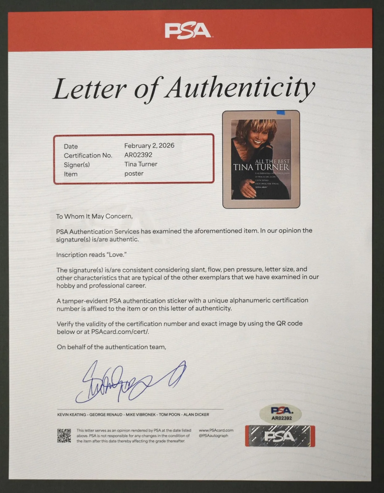 Tina Turner Signed /Inscribed All The Best Promo Poster Framed PSA/DNA 205189, изображение 3
