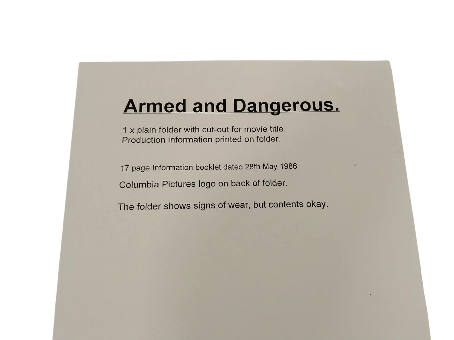 Armed and Dangerous 1986 Columbia Pictures Production Info Folder Booklet (017), image 2