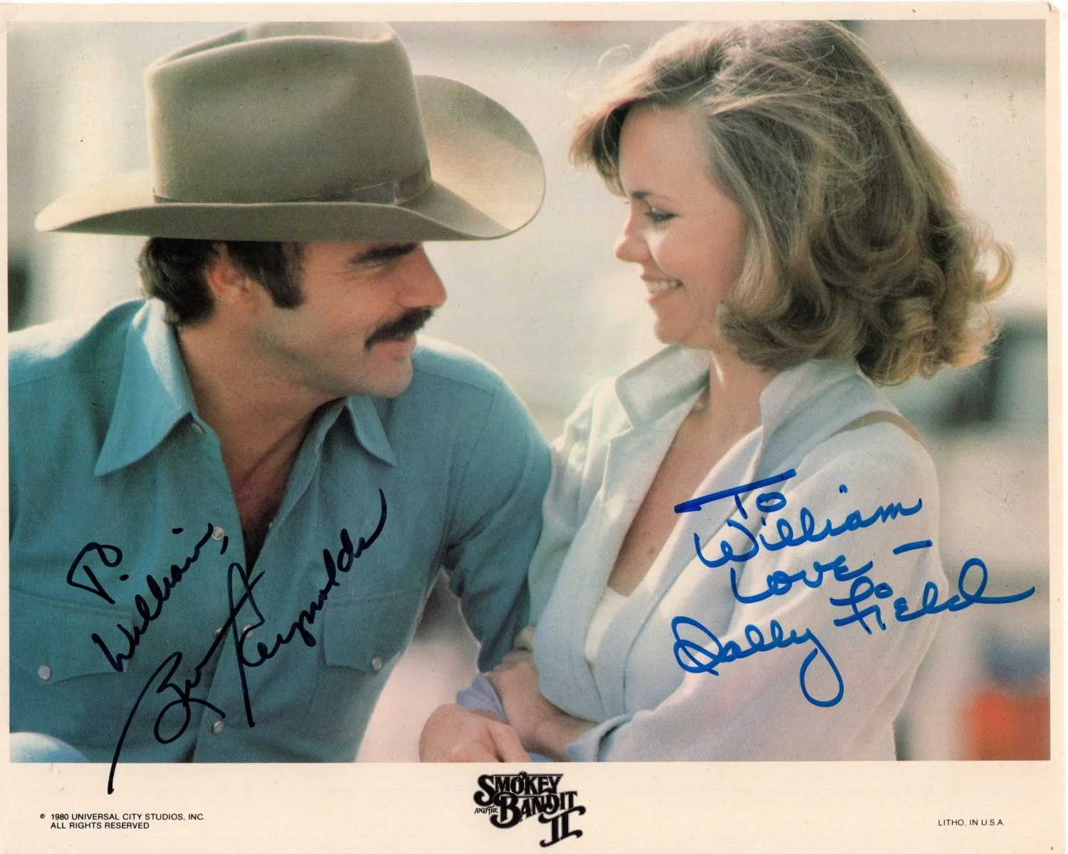 Burt Reynolds and Sally Field — BURT REYNOLDS and SALLY FIELD Signed 8x10 1980 Lobby Card Photograph To William