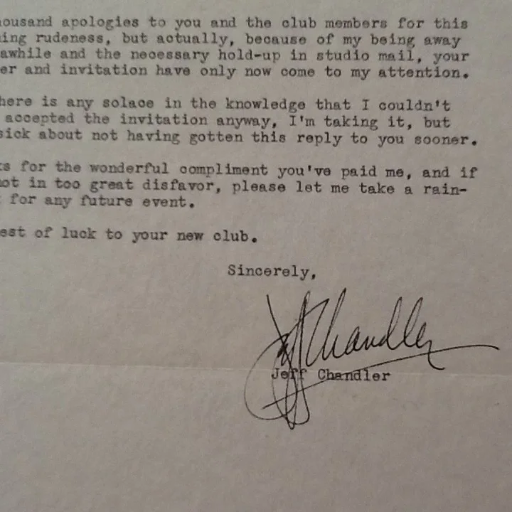 Jeff Chandler SIGNED 1952 Letter with Envelope 50s Film Actor Silver Fox Cochise, изображение 3