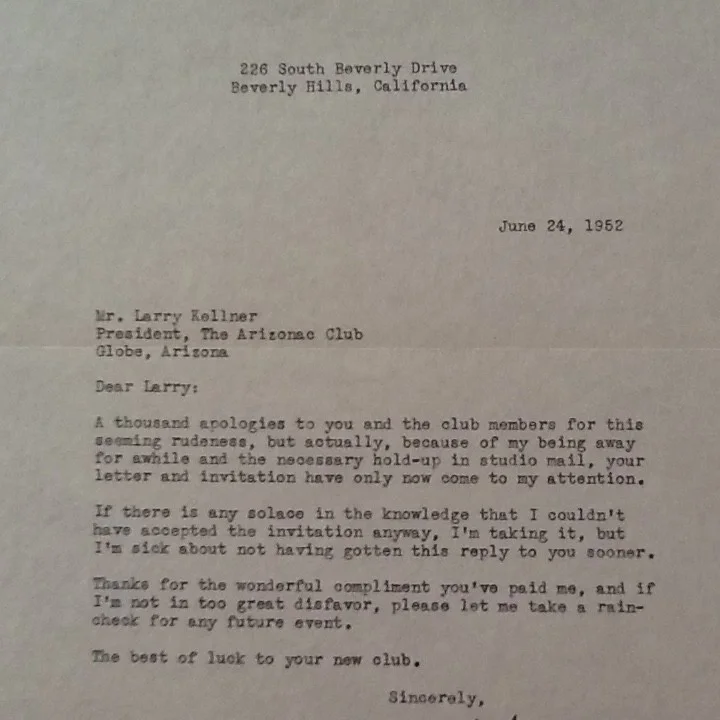 Jeff Chandler SIGNED 1952 Letter with Envelope 50s Film Actor Silver Fox Cochise, изображение 4
