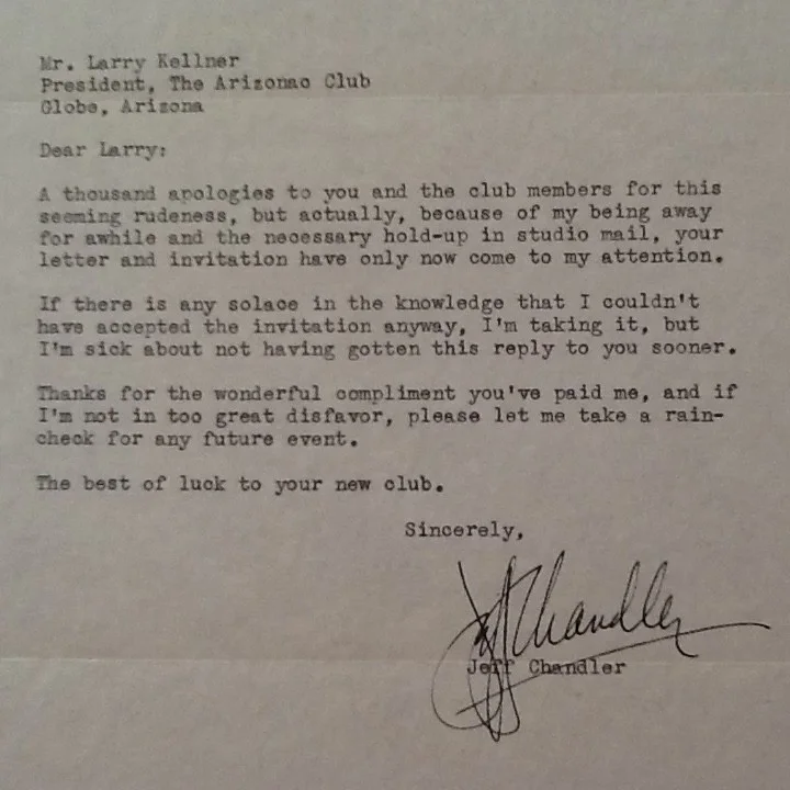 Jeff Chandler SIGNED 1952 Letter with Envelope 50s Film Actor Silver Fox Cochise, изображение 5