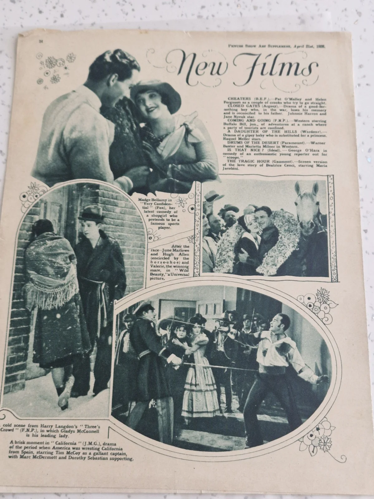 CENTREFOLD " FAY WRAY & GARY COOPER 1928 PICTURE SHOW ART SUPPLEMENT, image 4