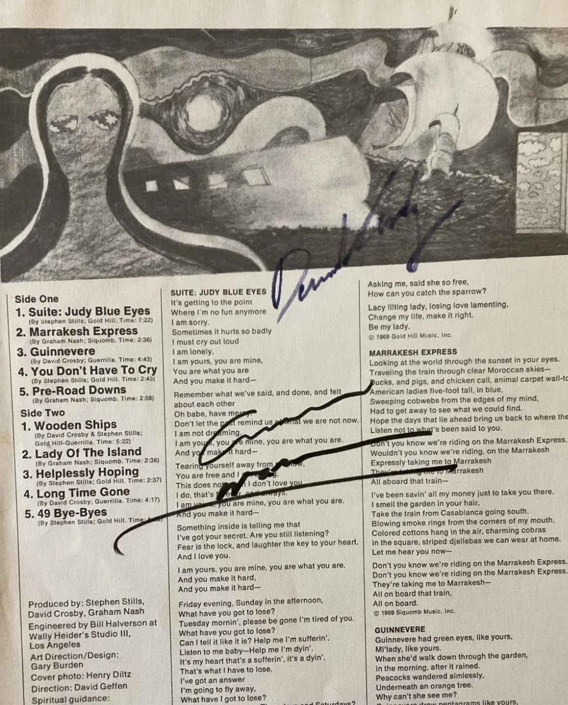DAVID CROSBY And GRAHAM NASH AUTOGRAPHED CS&N SUITE JUDY BLUE ALBUM LYRIC SHEET, image 2