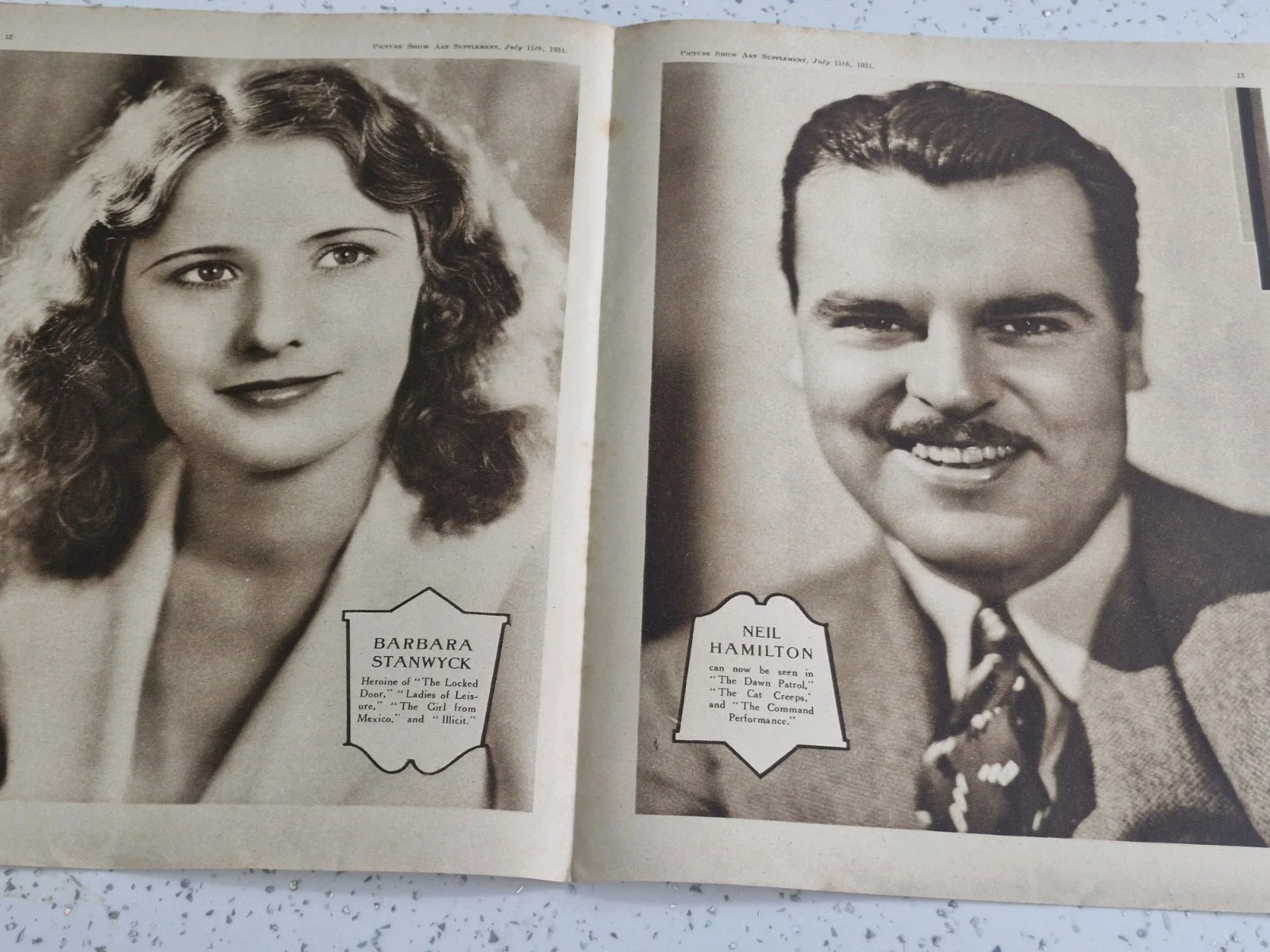 1931 PICTURE SHOW ART SUPPLEMENT - INC BARBARA STANWYCK/ NEIL HAMILTON, изображение 2