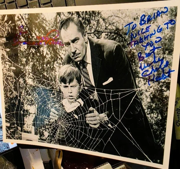 Vincent Price — THE FLY .Vincent Price with Charles Herbert SIGNED 8X10 with UACC COA . classic