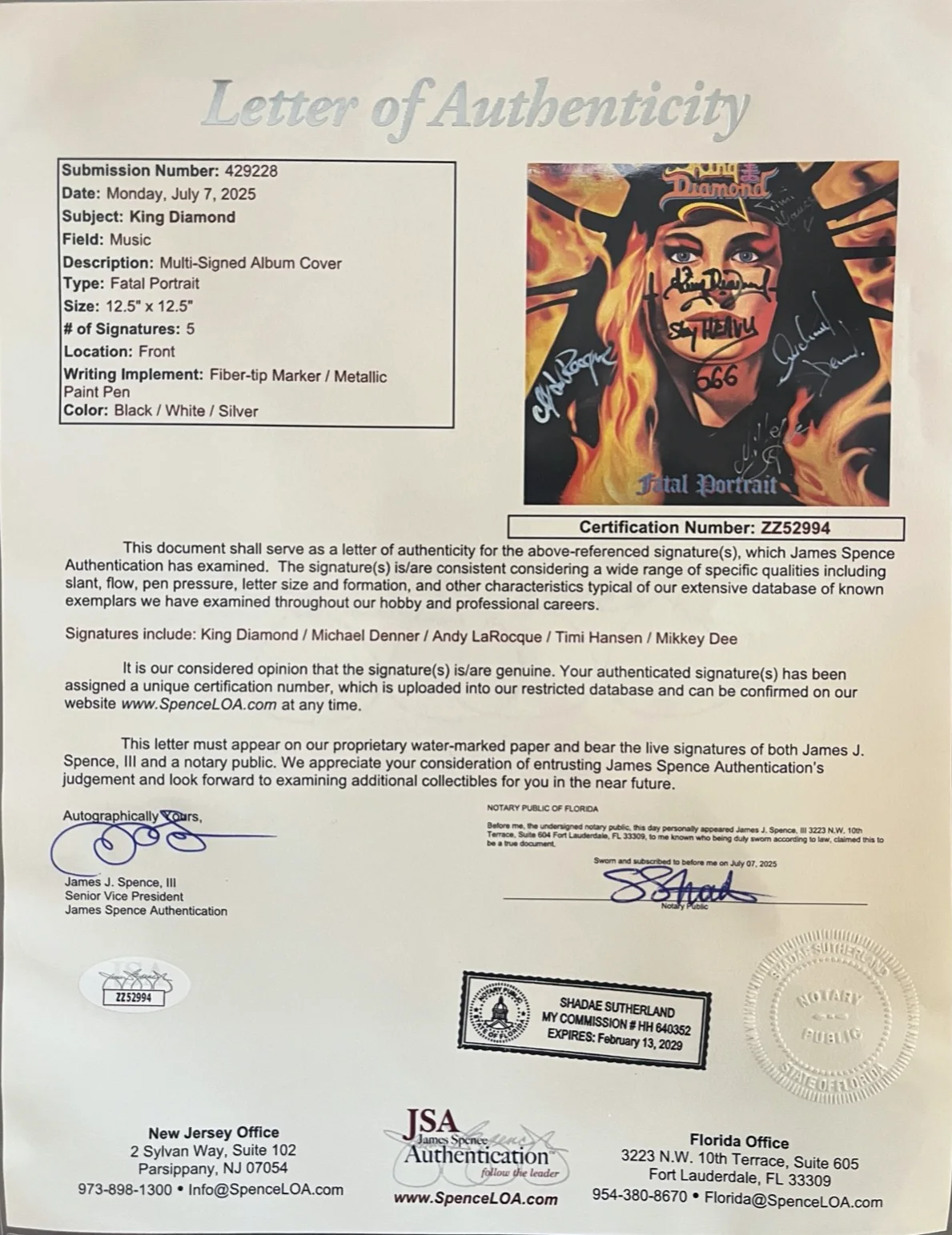 King Diamond : fully signed Fatal Portrait autographed Lp vinyl LOA JSA, изображение 2
