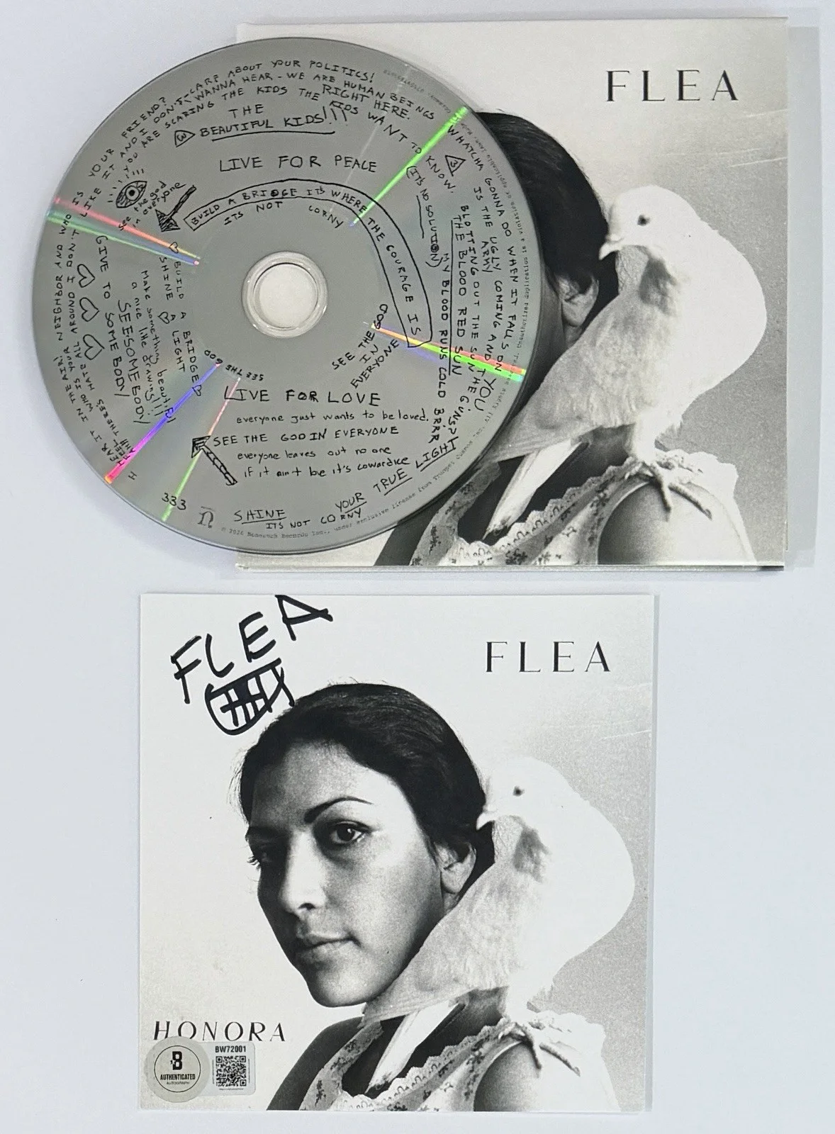 FLEA RED HOT CHILI PEPPERS HONORA SIGNED ALBUM PHOTO CARD & CD BAS BECKETT COA, изображение 2