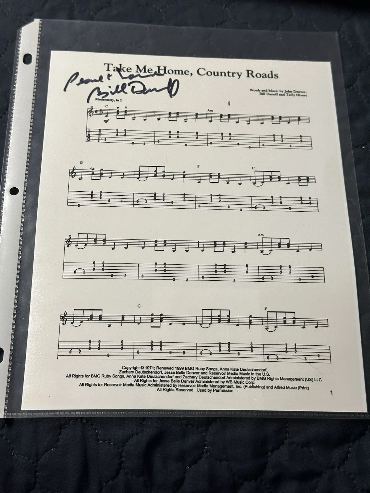 Bill Conti — Bill Danoff Take me Home Sheet Music 8x10 Photo Authentic Autograph BAS COA