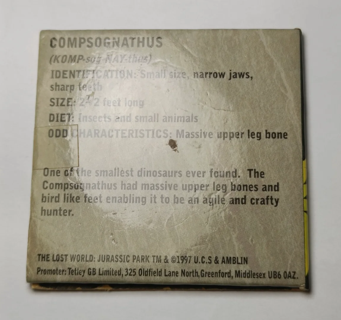 Tetley Jurassic Park The Lost World Compsognathus Medal/Token 1997 in Packet, изображение 2