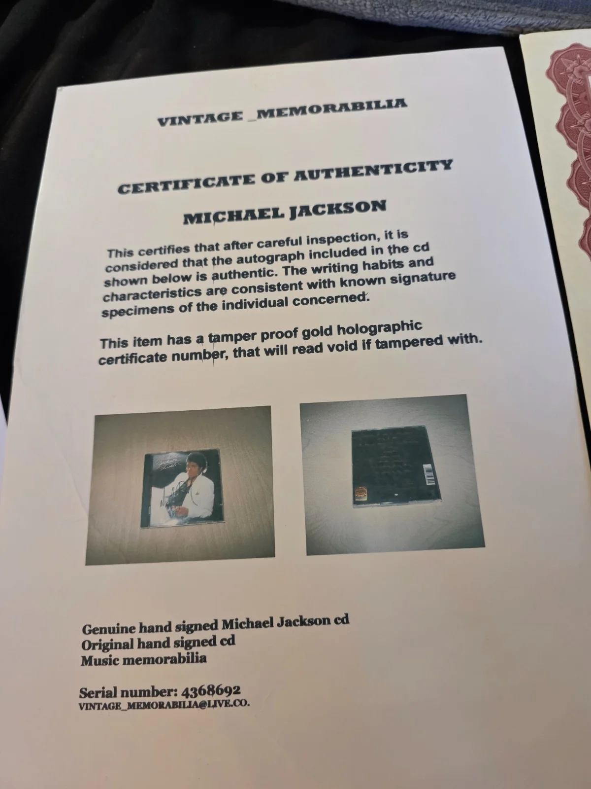 Michael Jackson signed with certificate of authenticity Thriller CD, image 4