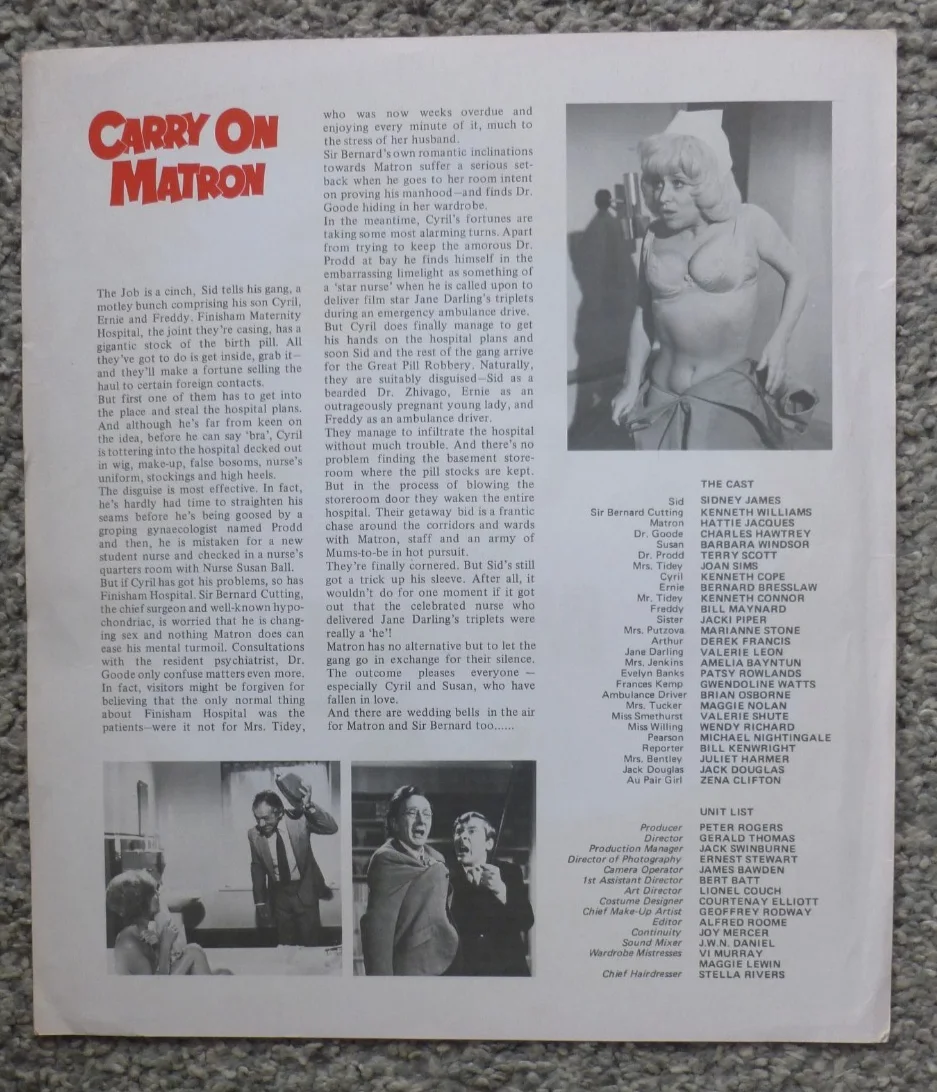 Carry On Matron Synopsis Sheet Sid James Kenneth Williams Sims Jacques Bresslaw, image 2