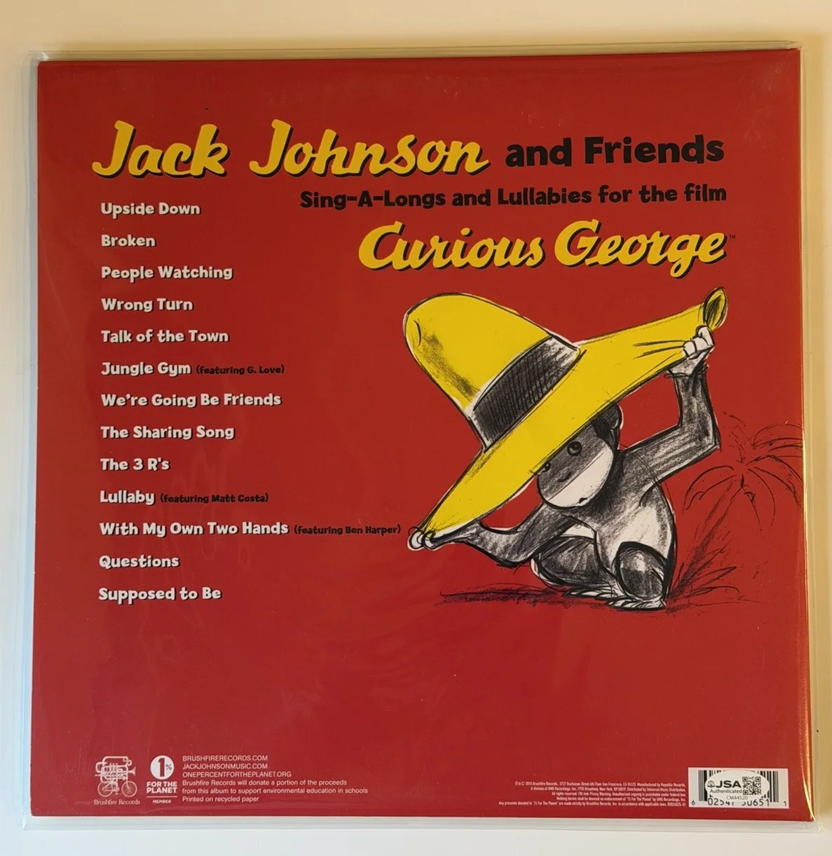 ‘Jack Johnson’ Signed Autograph Vinyl Album Sing-A-Longs Curious George JSA, image 2