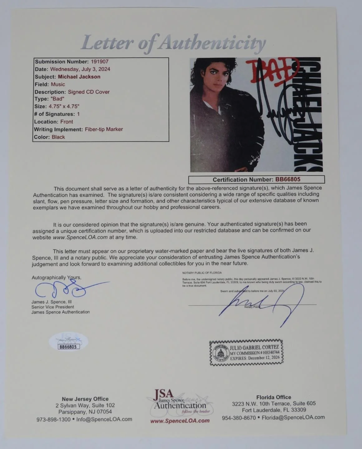MICHAEL JACKSON Signed Autograph Auto "BAD" CD Slab BAS JSA, изображение 3