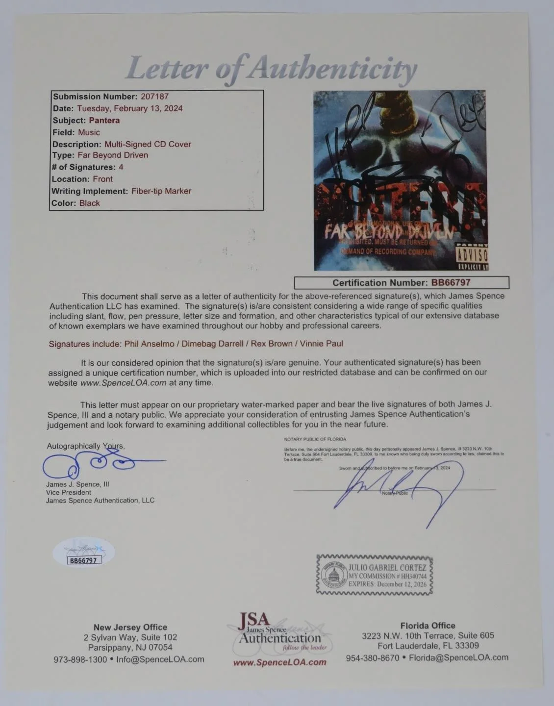 Dimebag Darrell PANTERA Signed Auto "Far Beyond Driven" CD by 4 Slab BAS JSA, image 2