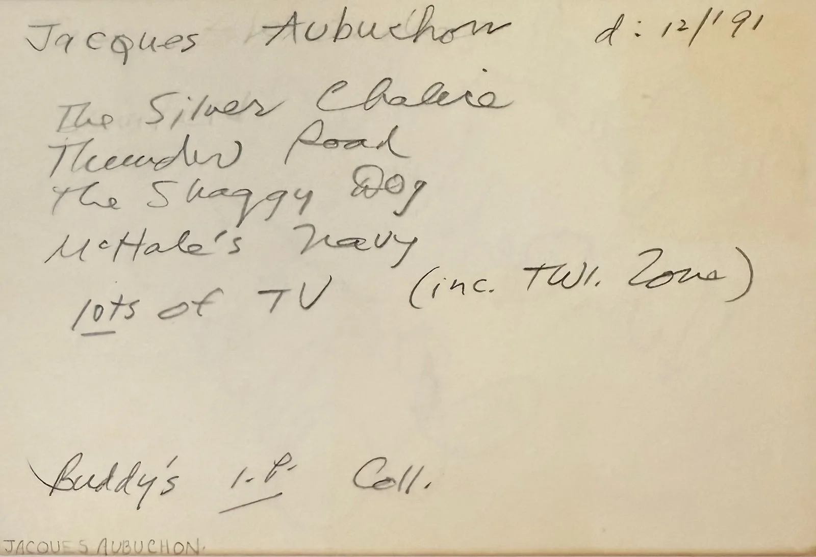 Jacques Aubuchon — JACQUES AUBUCHON Signed Autograph 4x6 INDEX CARD McHale's Navy Operation Manhunt, изображение 2