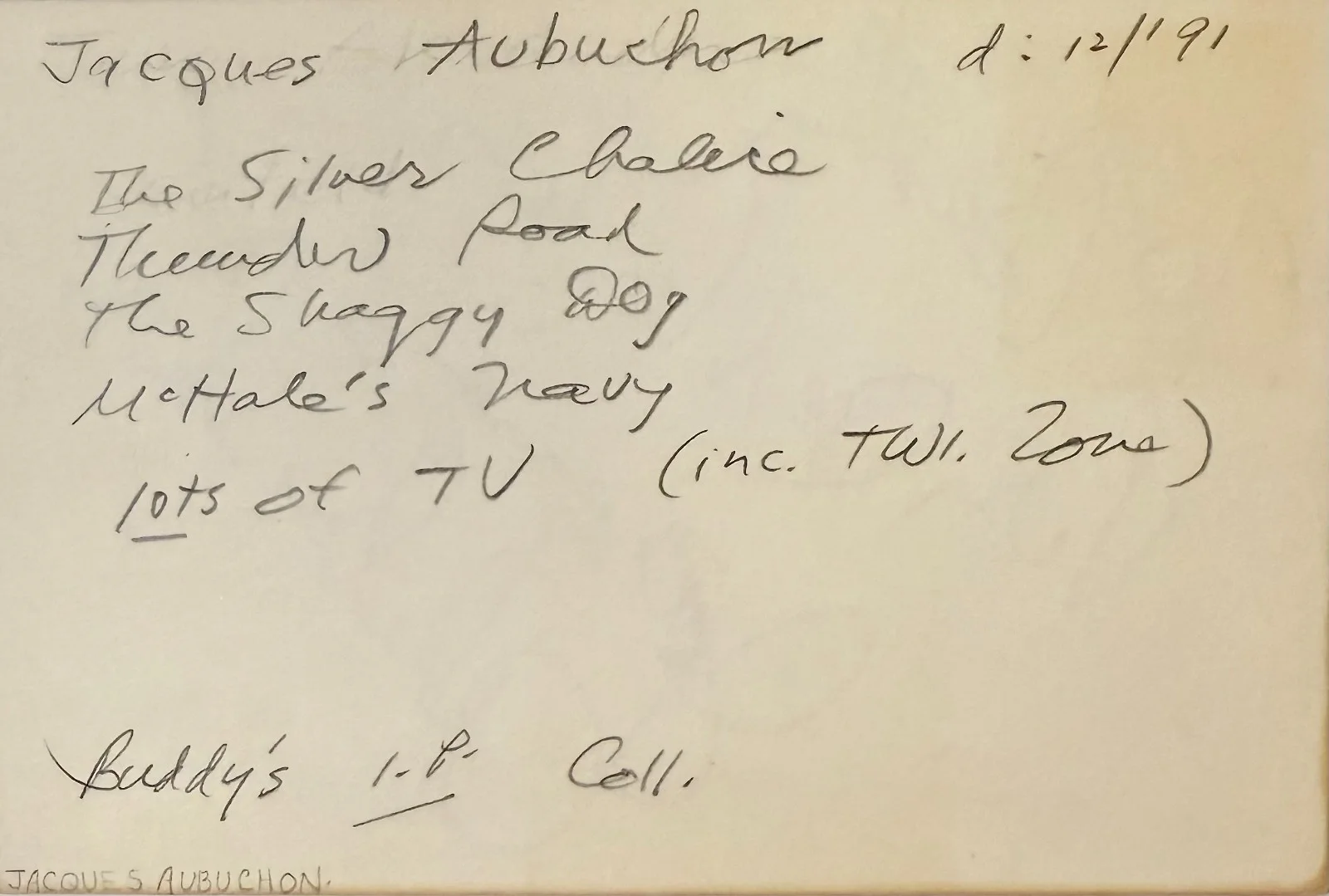 Jacques Aubuchon — JACQUES AUBUCHON Signed Autograph 4x6 INDEX CARD McHale's Navy Operation Manhunt, изображение 4