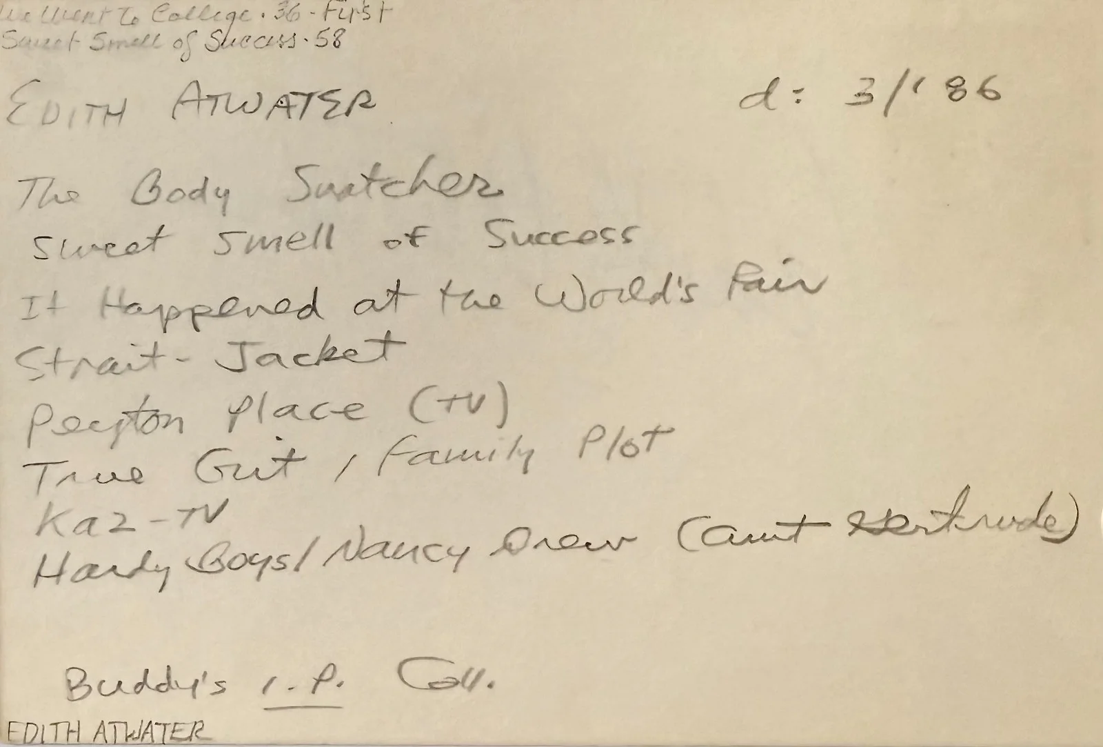 Edith Atwater — EDITH ATWATER Autographed Signed 4"x 6" INDEX CARD Mr. Sardonicus STRAIT-JACKET, image 2