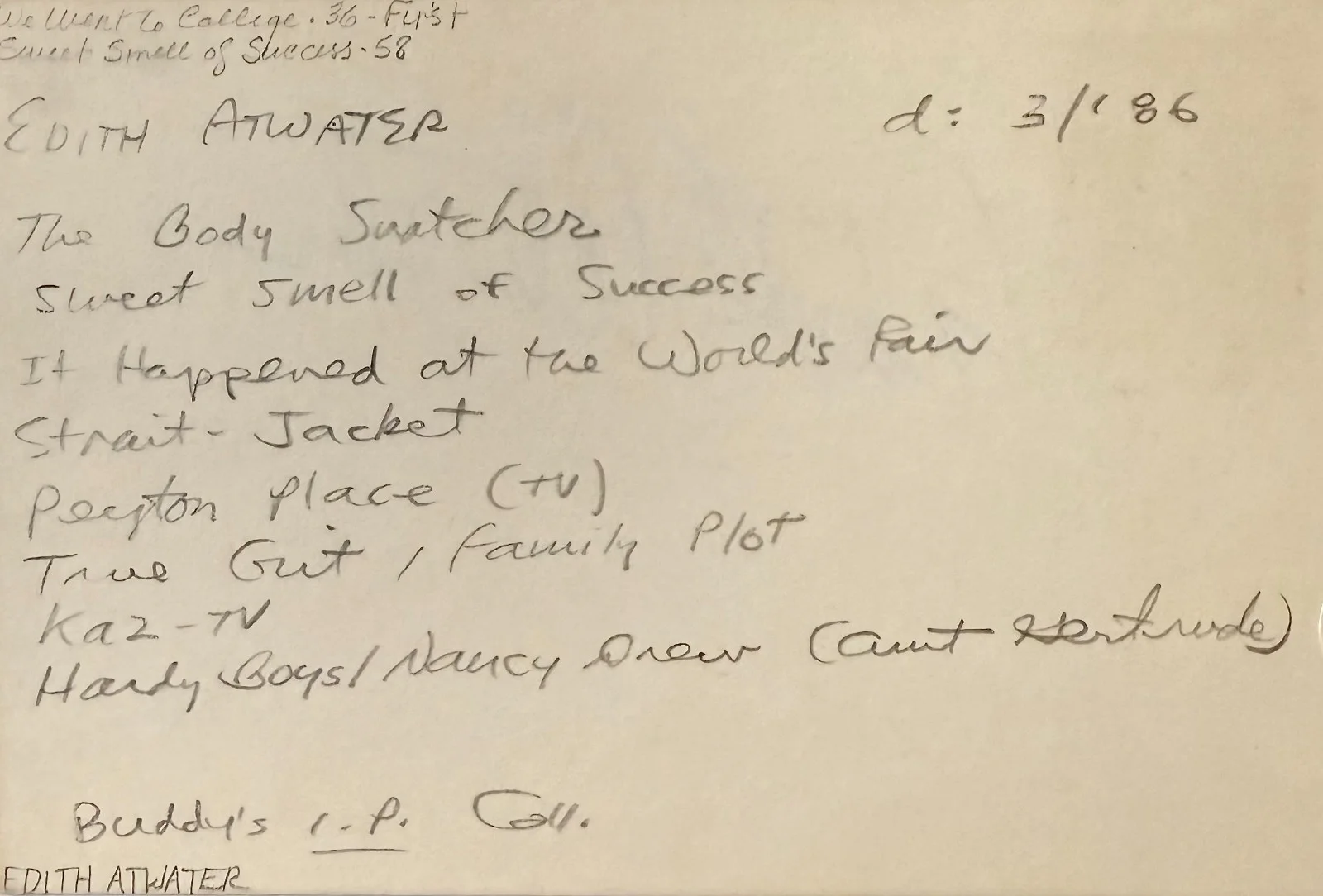 Edith Atwater — EDITH ATWATER Autographed Signed 4"x 6" INDEX CARD Mr. Sardonicus STRAIT-JACKET, image 4
