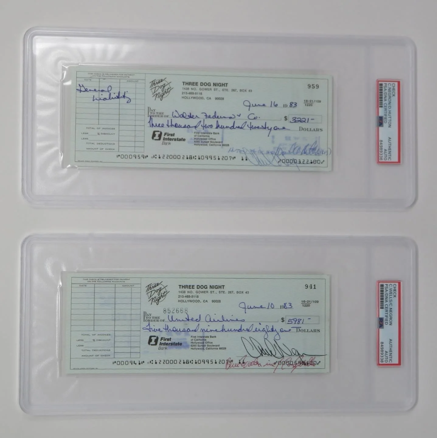 THREE DOG NIGHT Signed Autograph Auto Check Lot by 3 Slab JSA PSA, image 3