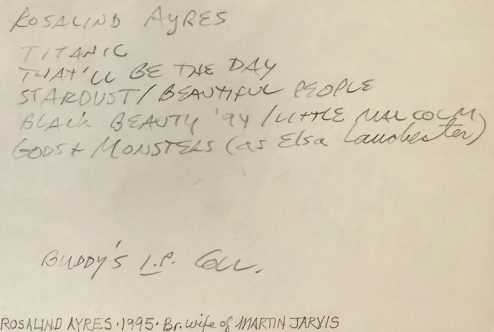 Rosalind Ayres — ROSALIND AYRES Autograph Signed 4"x 6" INDEX CARD From Beyond the Grave TITANIC, image 2
