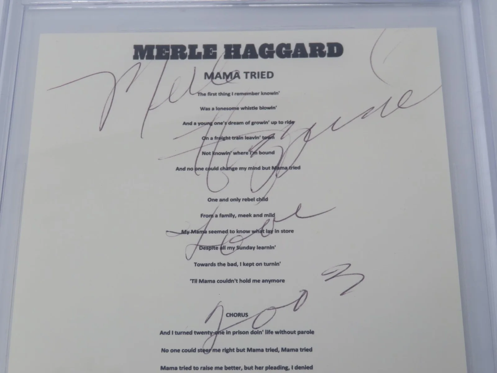 MERLE HAGGARD Signed Autograph Auto "Mama Tried" Lyric Sheet Slab BAS JSA, image 2