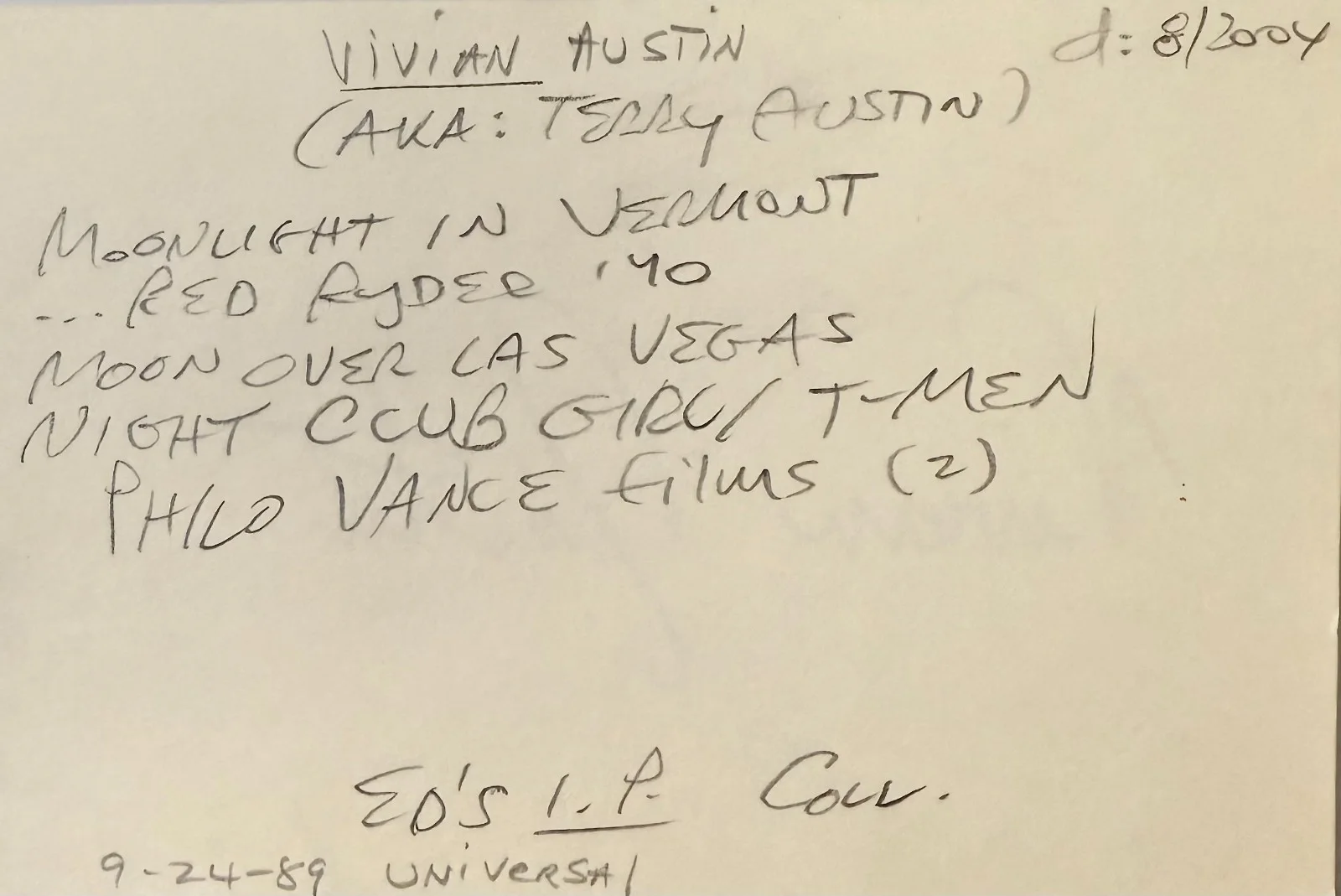 Vivian Austin — VIVIAN AUSTIN Signed Autograph 4x6 INDEX CARD DESTINY Born to Speed COBRA WOMAN, изображение 2