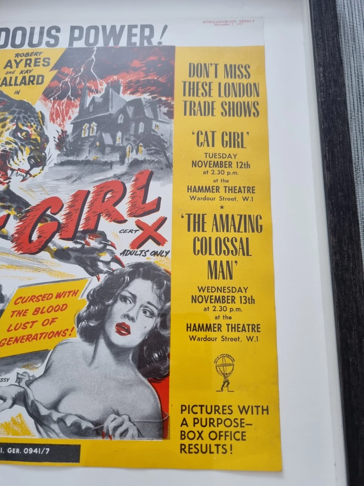 Vintage Horror Poster Amazing Colossal Man & Cat Girl 1957 Kinematograph Weekly, изображение 5