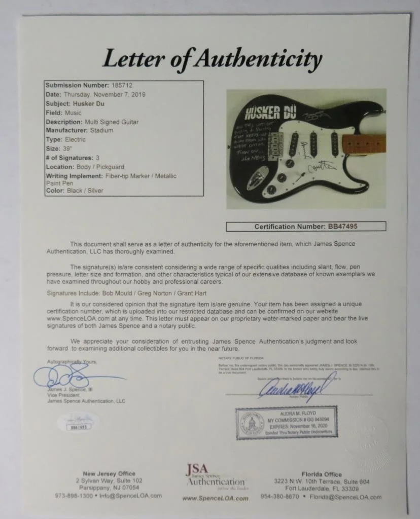 Bob Mould HUSKER DU Signed Autograph Auto Guitar by All 3 Members JSA, image 2