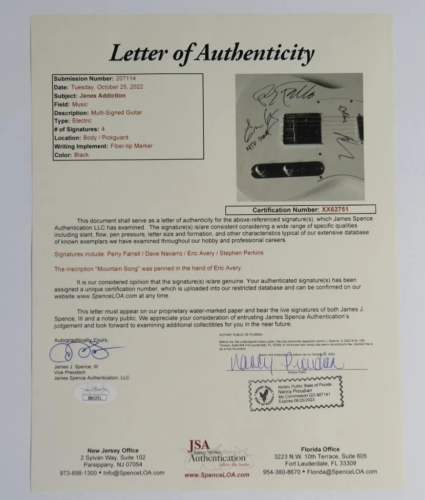 Perry Farrell JANE'S ADDICTION Signed Autograph Auto Guitar by All 4 JSA BAS, image 2