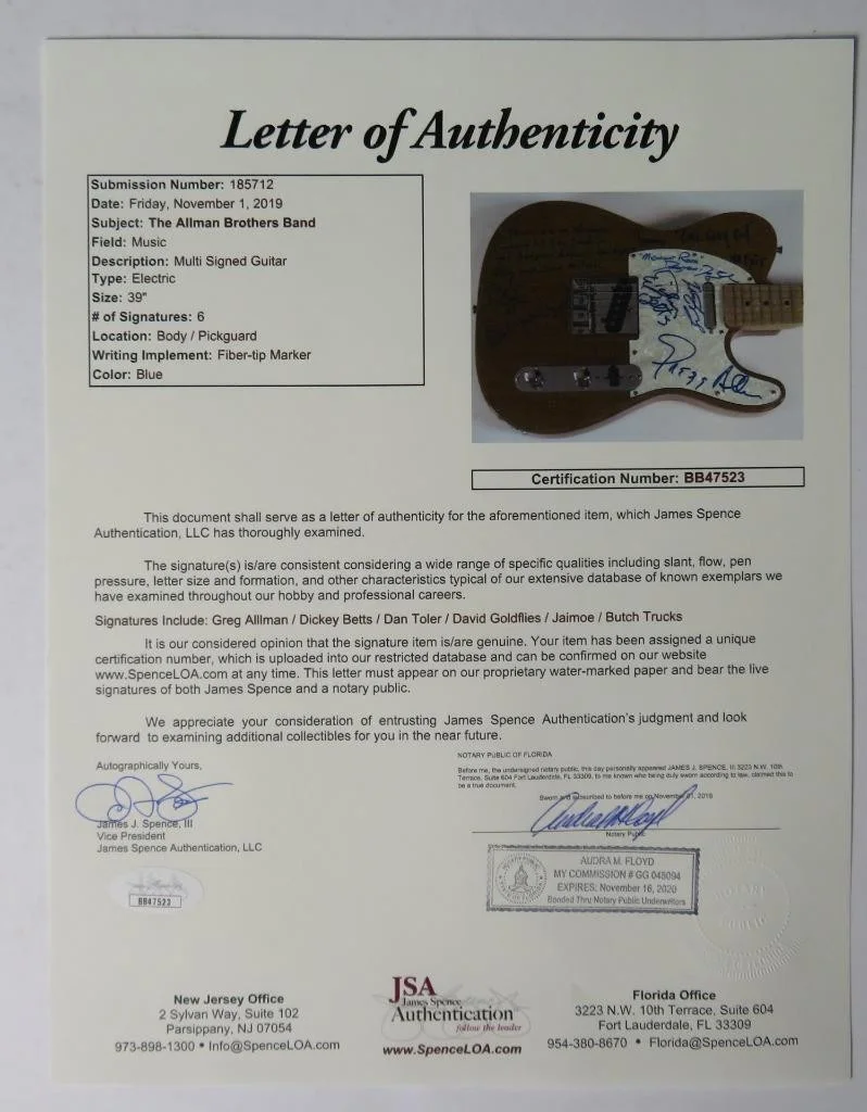 Gregg Allman THE ALLMAN BROTHERS BAND Signed Autograph Auto Guitar by All 6 JSA, image 2
